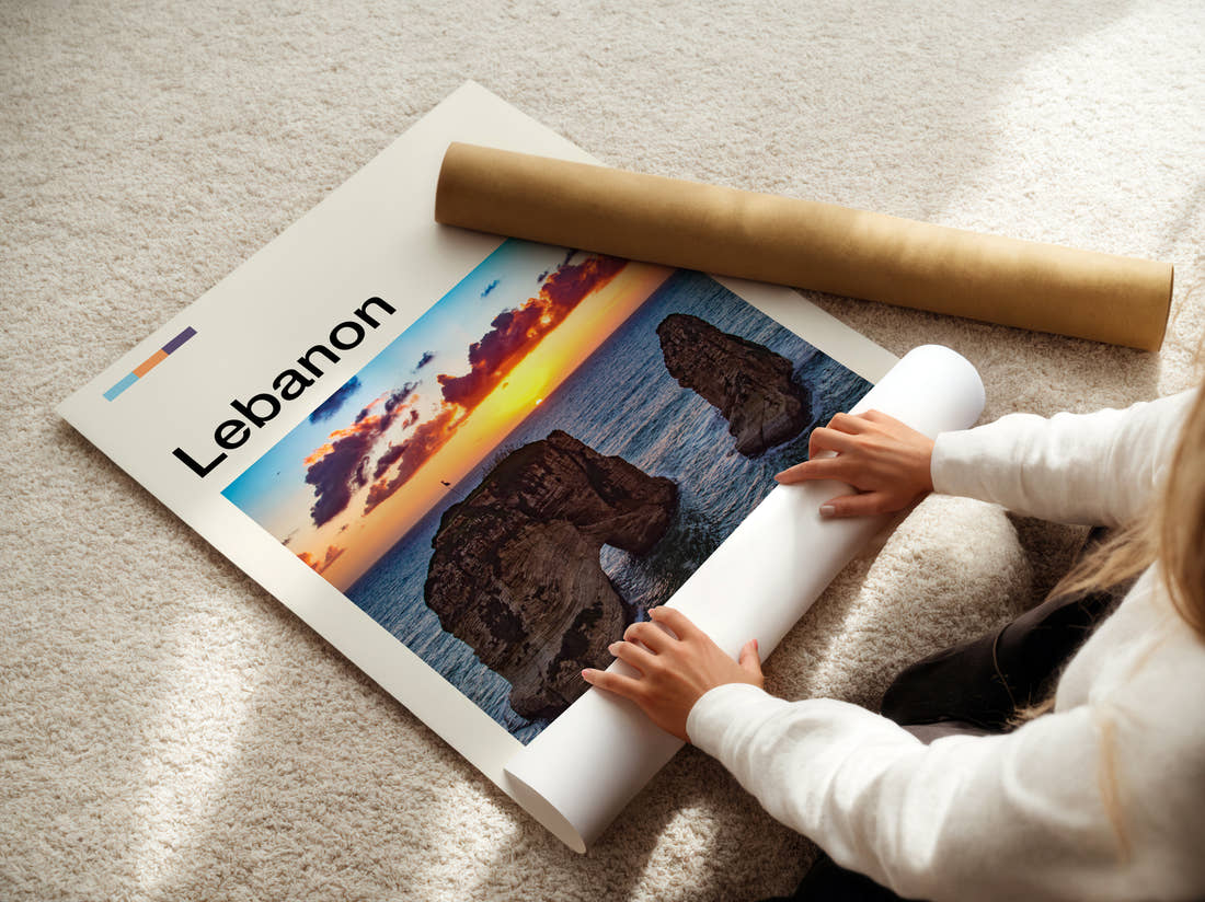 Lebanon Pigeon Rocks Travel Print being unrolled from its postal tube