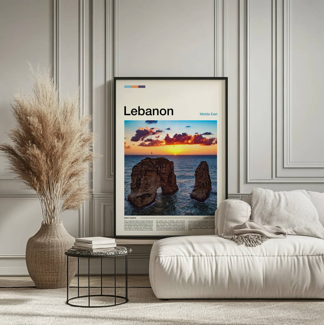 Lebanon Pigeon Rocks Travel Print framed on the wall of a calm, neutral bedroom