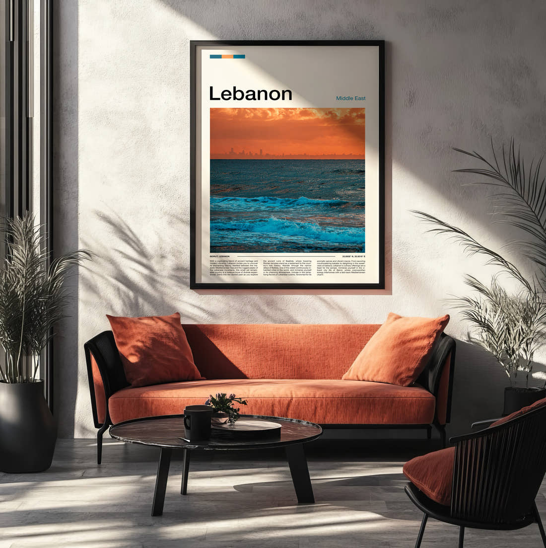 Lebanon Sea At Sunset Travel Print framed on the wall of a modern living room