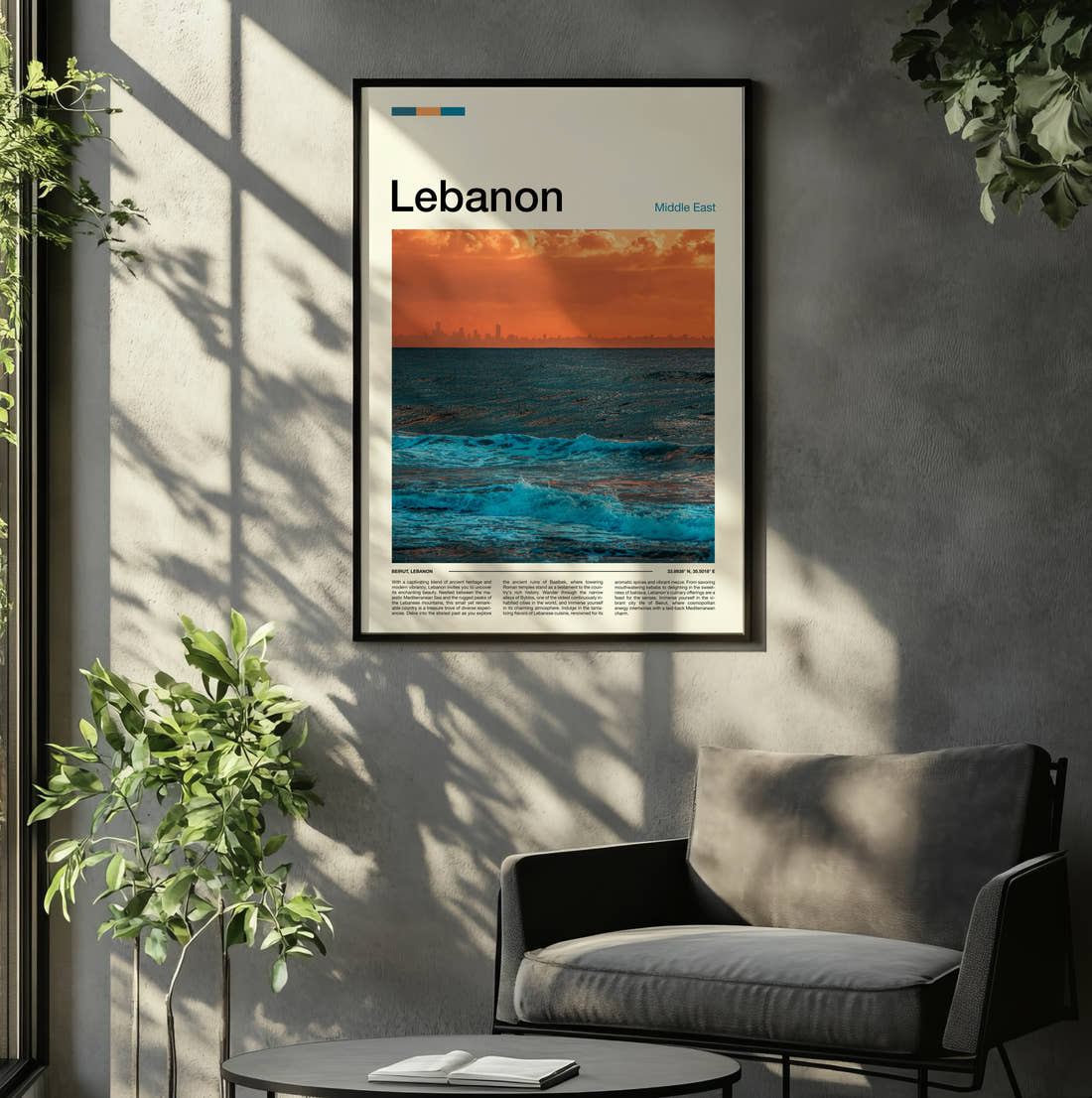 Lebanon Sea At Sunset Travel Print framed on the wall of a relaxed living room