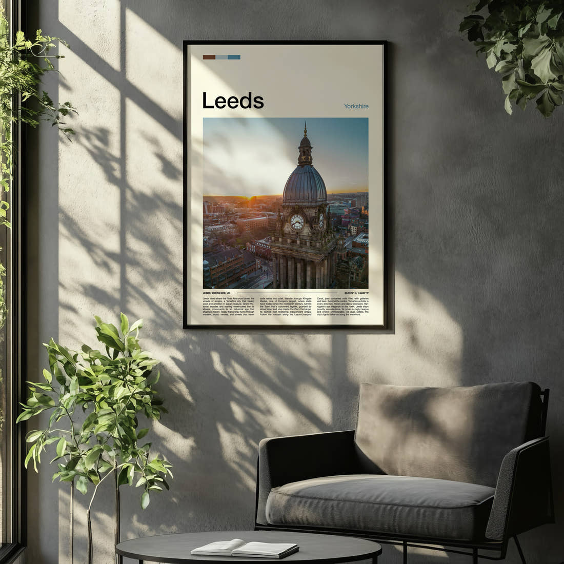 Leeds Clock Tower At Sunset Travel Print framed on the wall of a relaxed living room