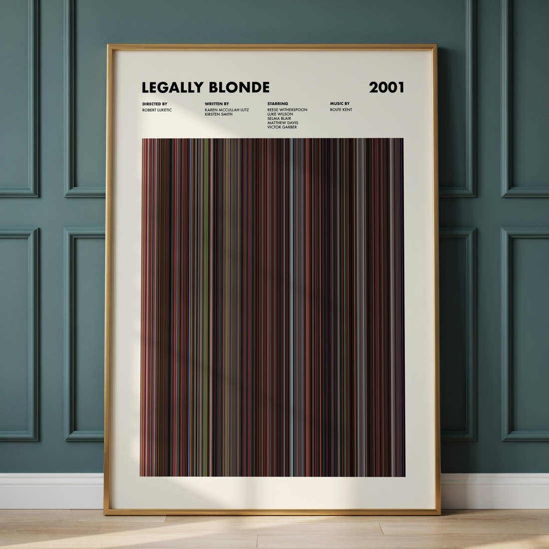 Legally Blonde Movie Barcode Poster framed and leaning against a panelled wall