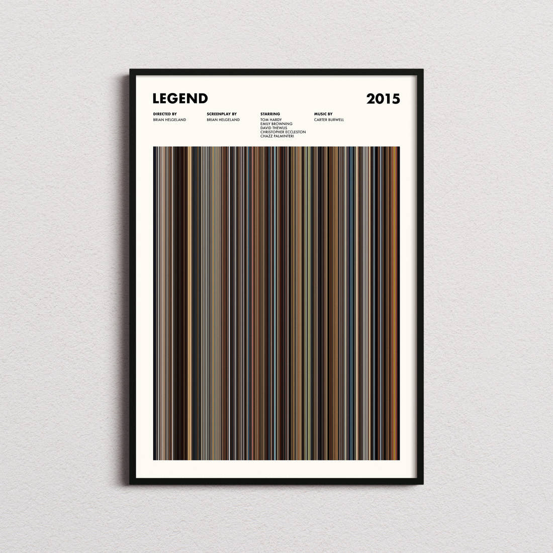 Legend Movie Barcode Poster framed on a plain studio wall