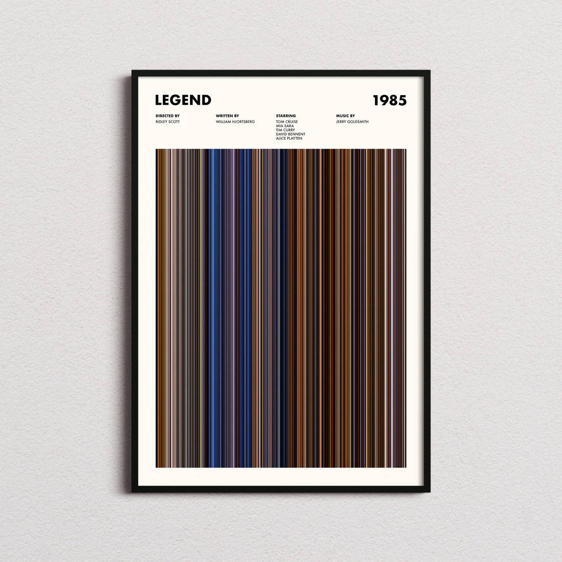 Legend 1985 Movie Barcode Poster framed on a plain studio wall