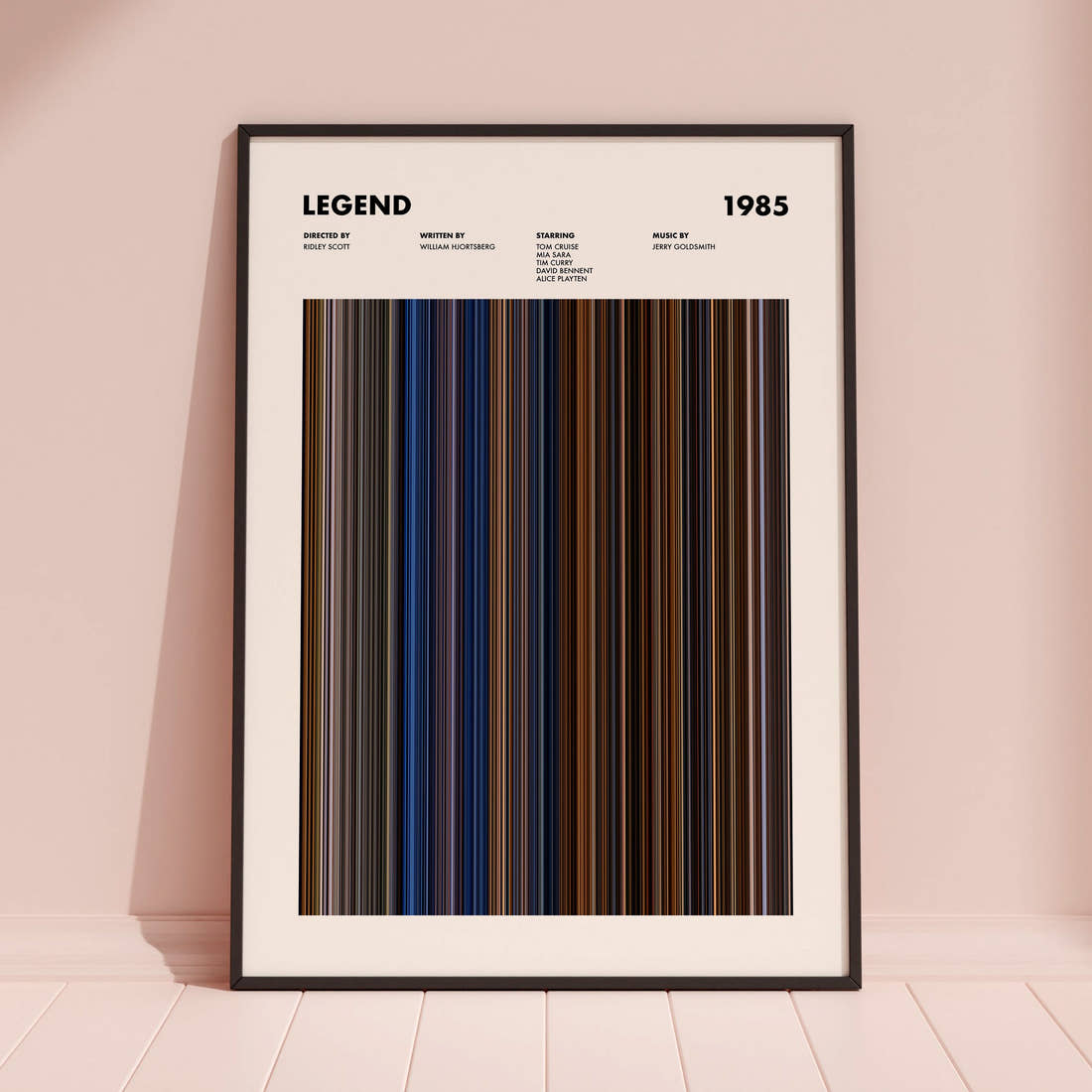 Legend 1985 Movie Barcode Poster framed and leaning against a coloured wall