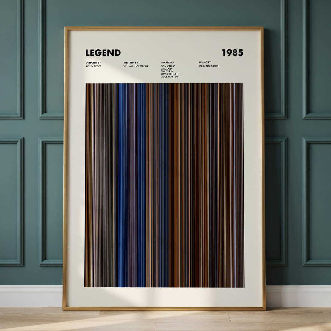 Legend 1985 Movie Barcode Poster framed and leaning against a panelled wall