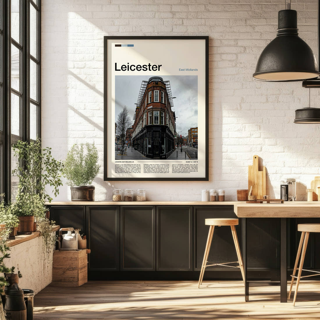 Leicester Corner Building Junction Travel Print framed on the wall of a bright kitchen and dining space