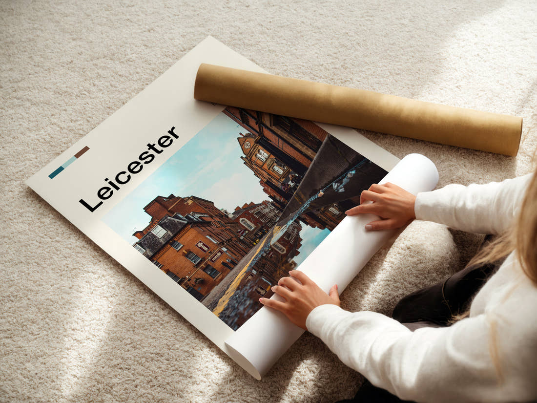 Leicester Cobbled Street Reflection Travel Print being unrolled from its postal tube
