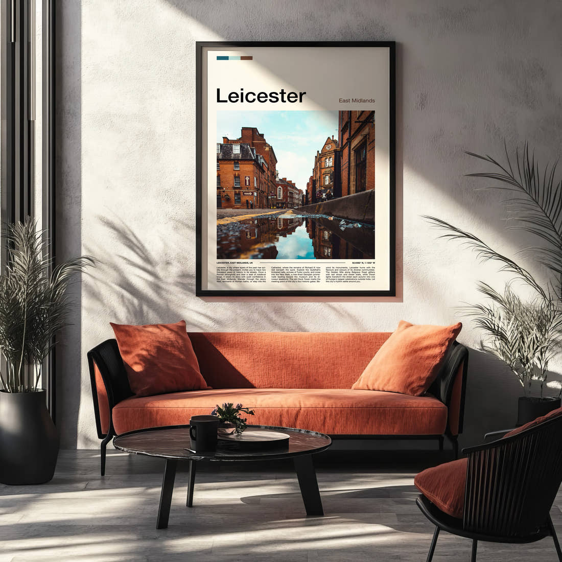 Leicester Cobbled Street Reflection Travel Print framed on the wall of a modern living room