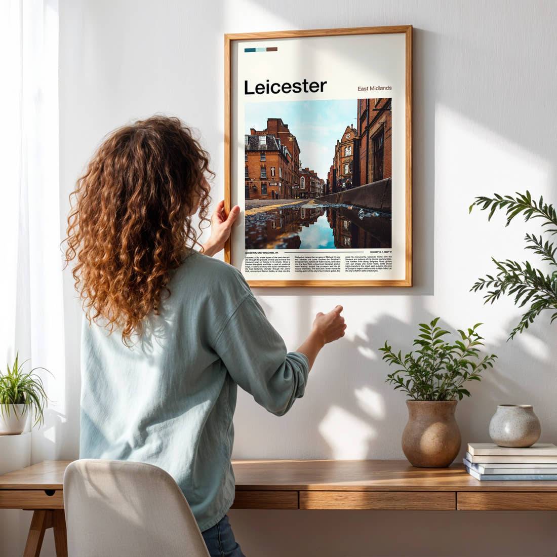 Leicester Cobbled Street Reflection Travel Print framed on a pale wall beside houseplants