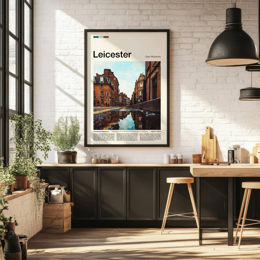 Leicester Cobbled Street Reflection Travel Print framed on the wall of a bright kitchen and dining space