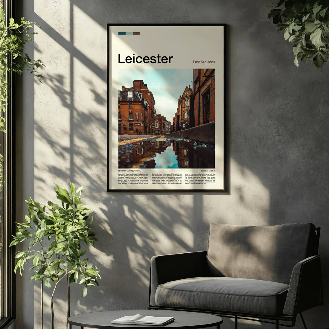 Leicester Cobbled Street Reflection Travel Print framed on the wall of a relaxed living room