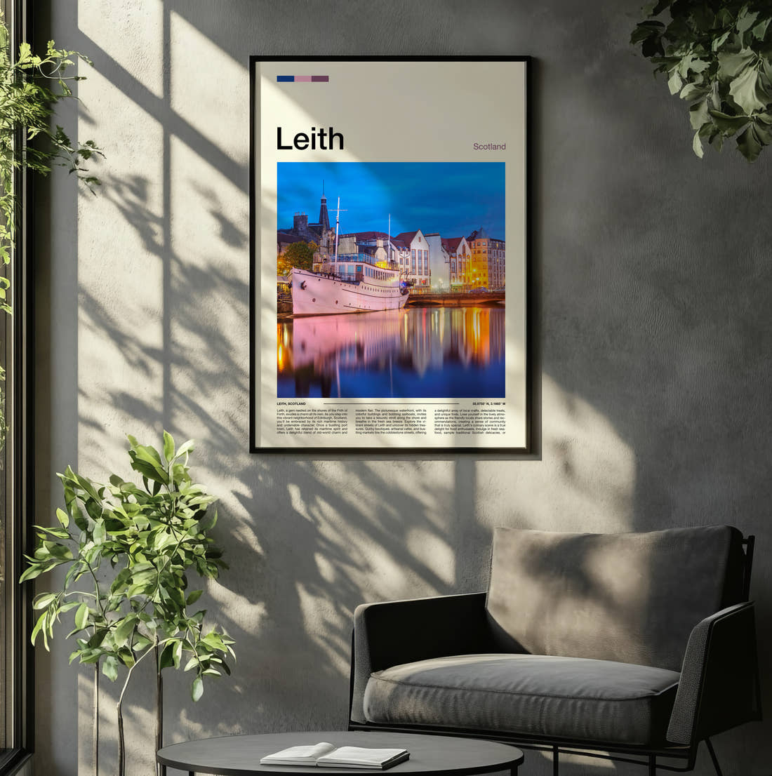 Leith Moored Ship At Dusk Travel Print framed on the wall of a relaxed living room