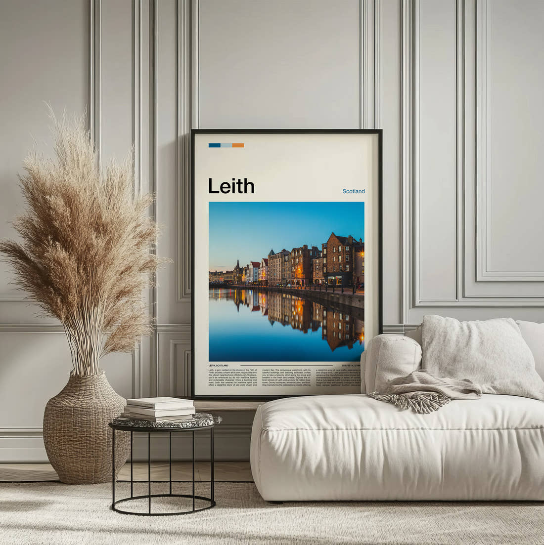 Leith Waterfront Buildings Reflected Travel Print framed on the wall of a calm, neutral bedroom