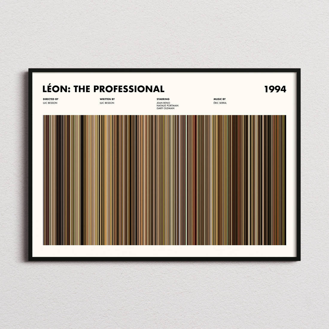Léon: The Professional Movie Barcode Poster framed and photographed straight on