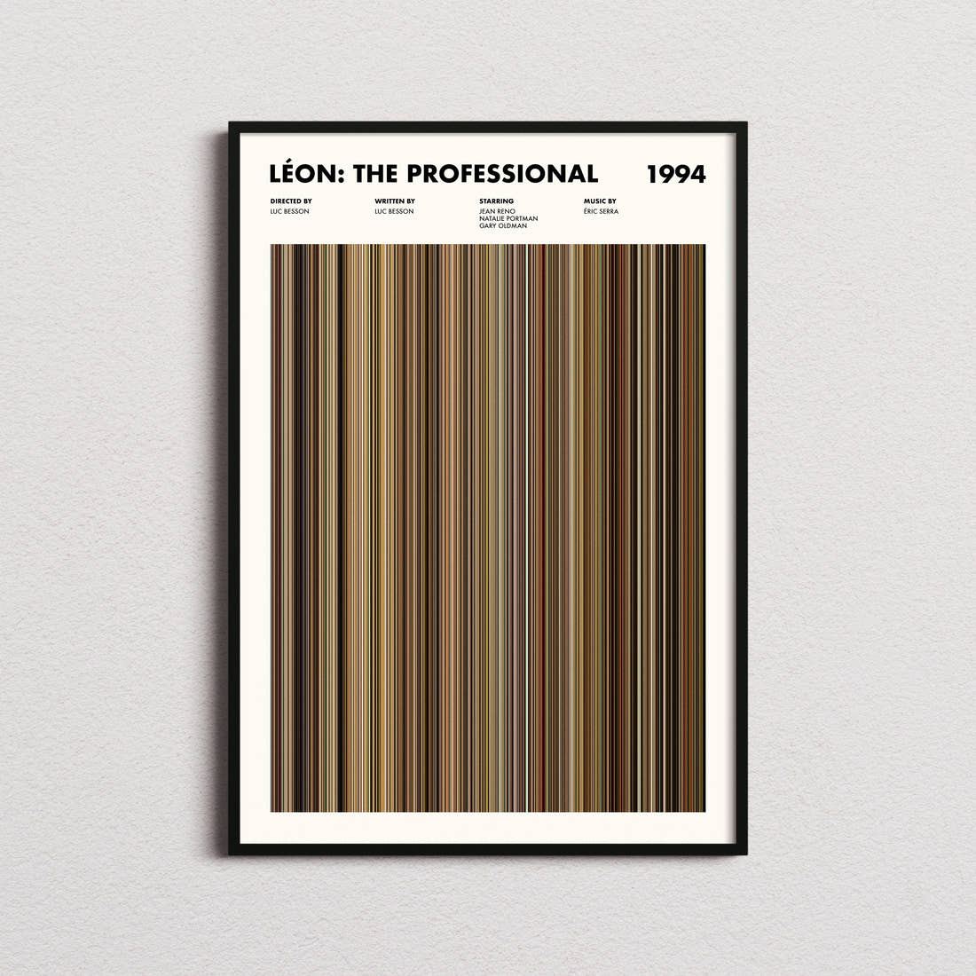 Léon: The Professional Movie Barcode Poster framed on a plain studio wall