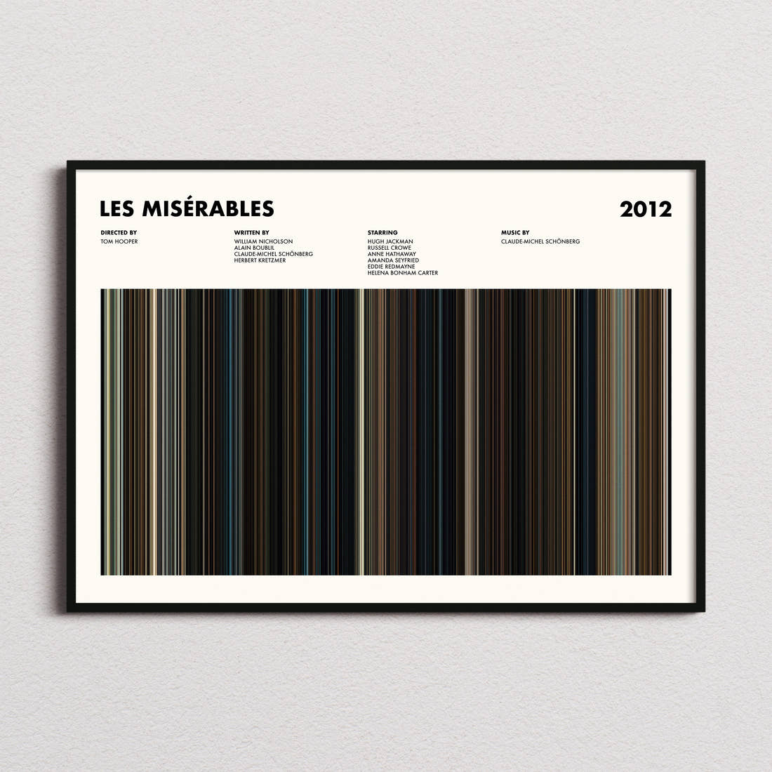 Les Misérables Movie Barcode Poster framed and photographed straight on