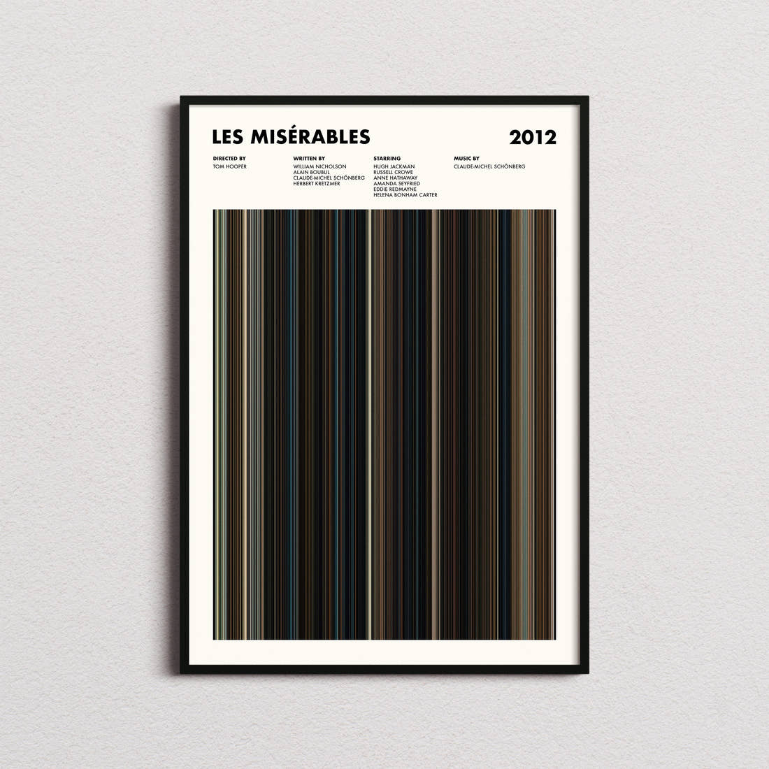 Les Misérables Movie Barcode Poster framed on a plain studio wall
