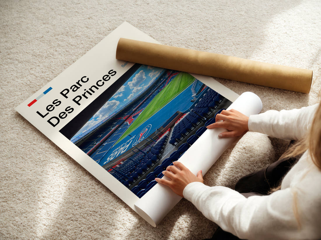 Les Parc Des Princes Stadium Print being unrolled from its postal tube