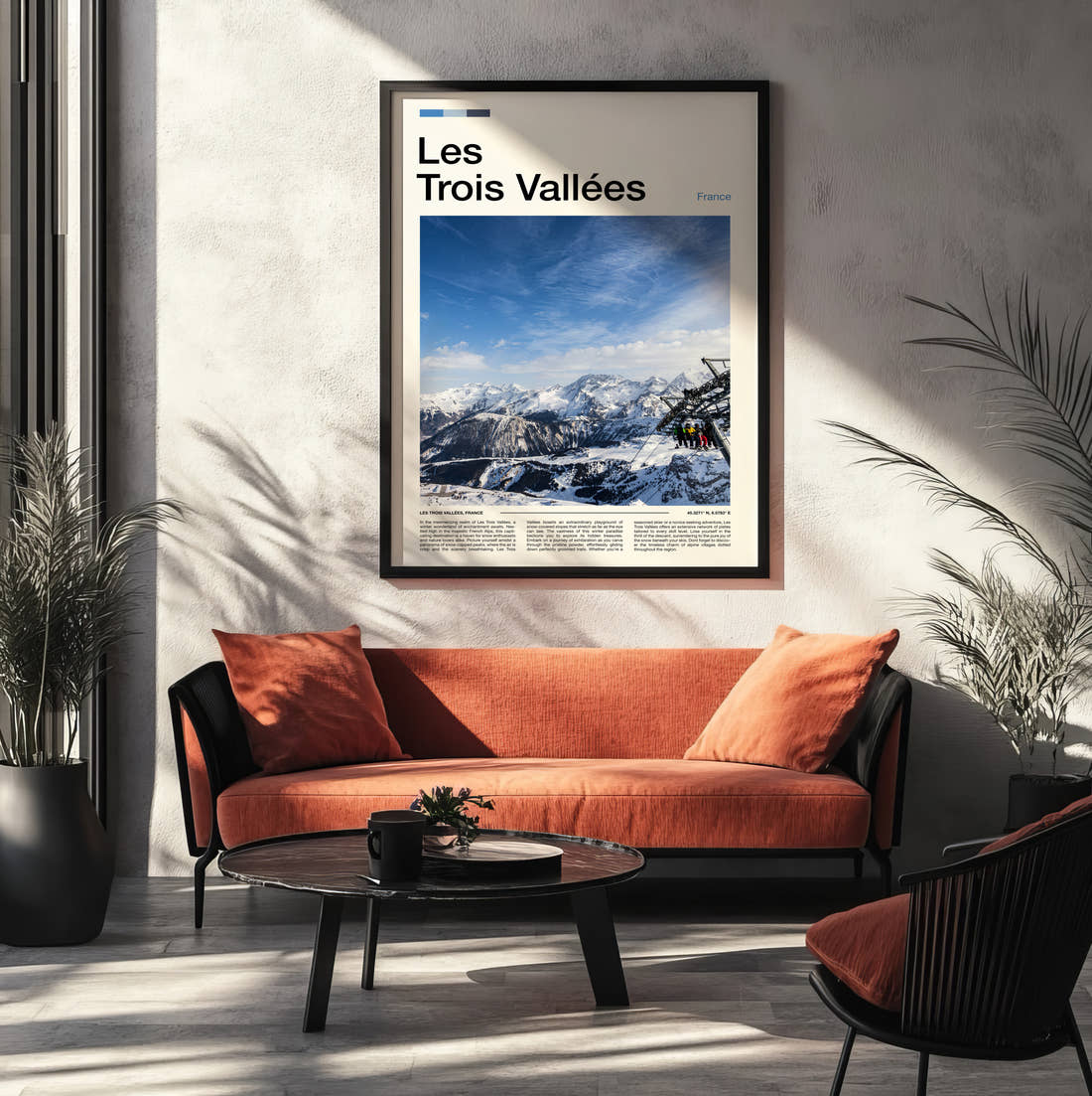 Les Trois Vallees Ski Lift Over Snow Travel Print framed on the wall of a modern living room