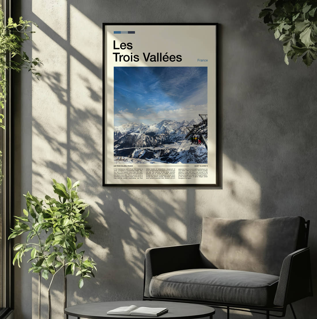 Les Trois Vallees Ski Lift Over Snow Travel Print framed on the wall of a relaxed living room