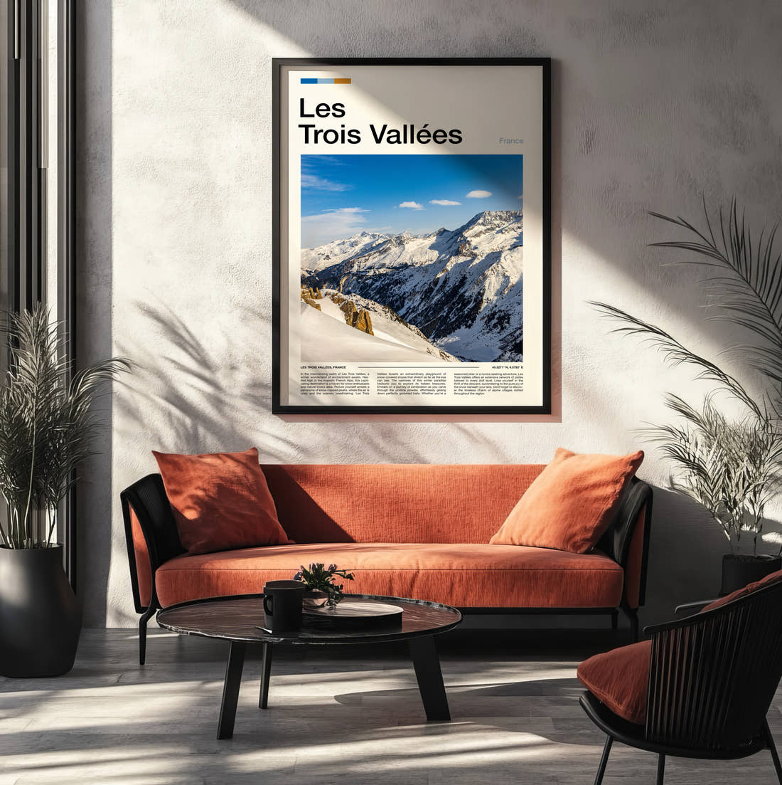 Les Trois Vallees Snowy Mountain Peaks Travel Print framed on the wall of a modern living room
