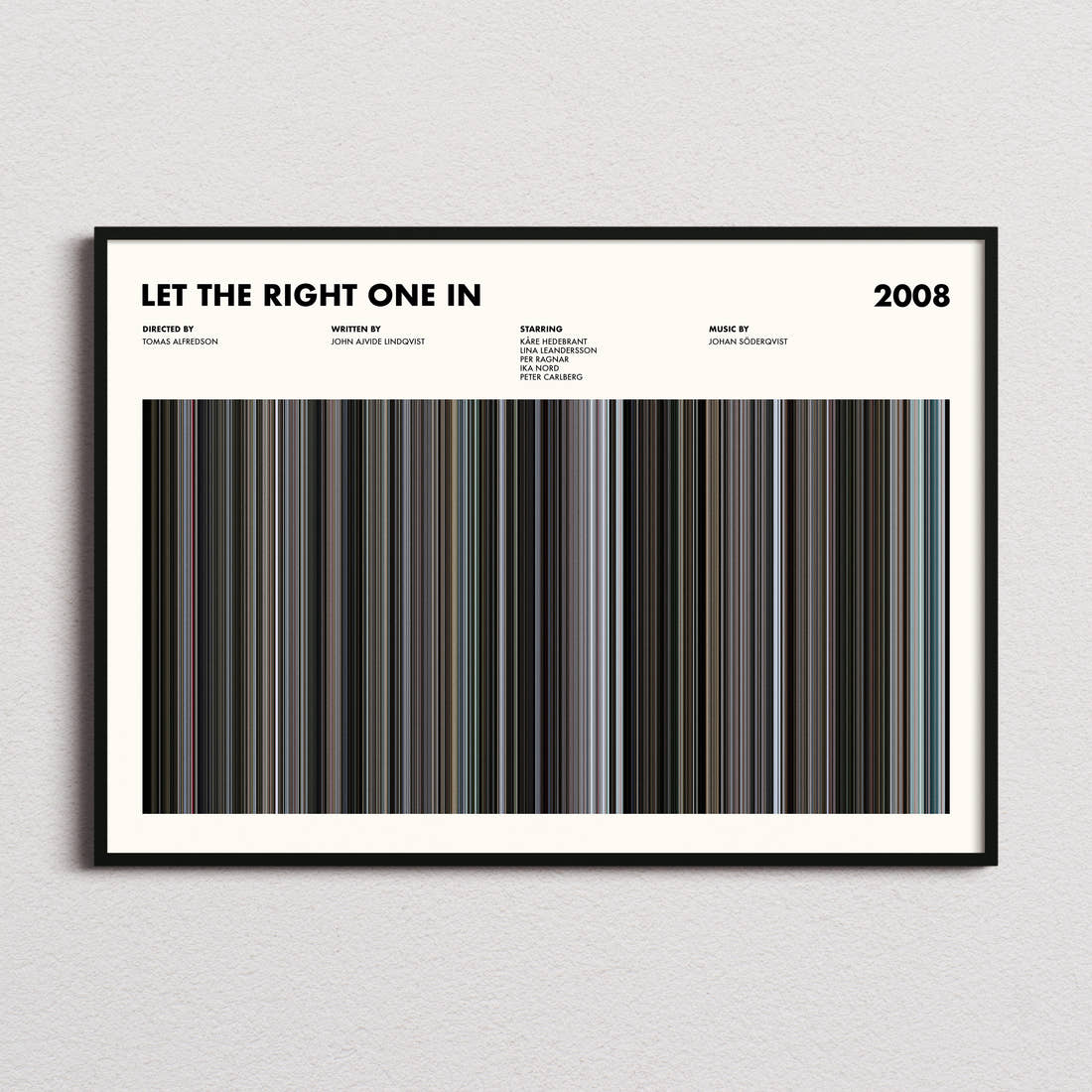 Let the Right One In Movie Barcode Poster framed and photographed straight on