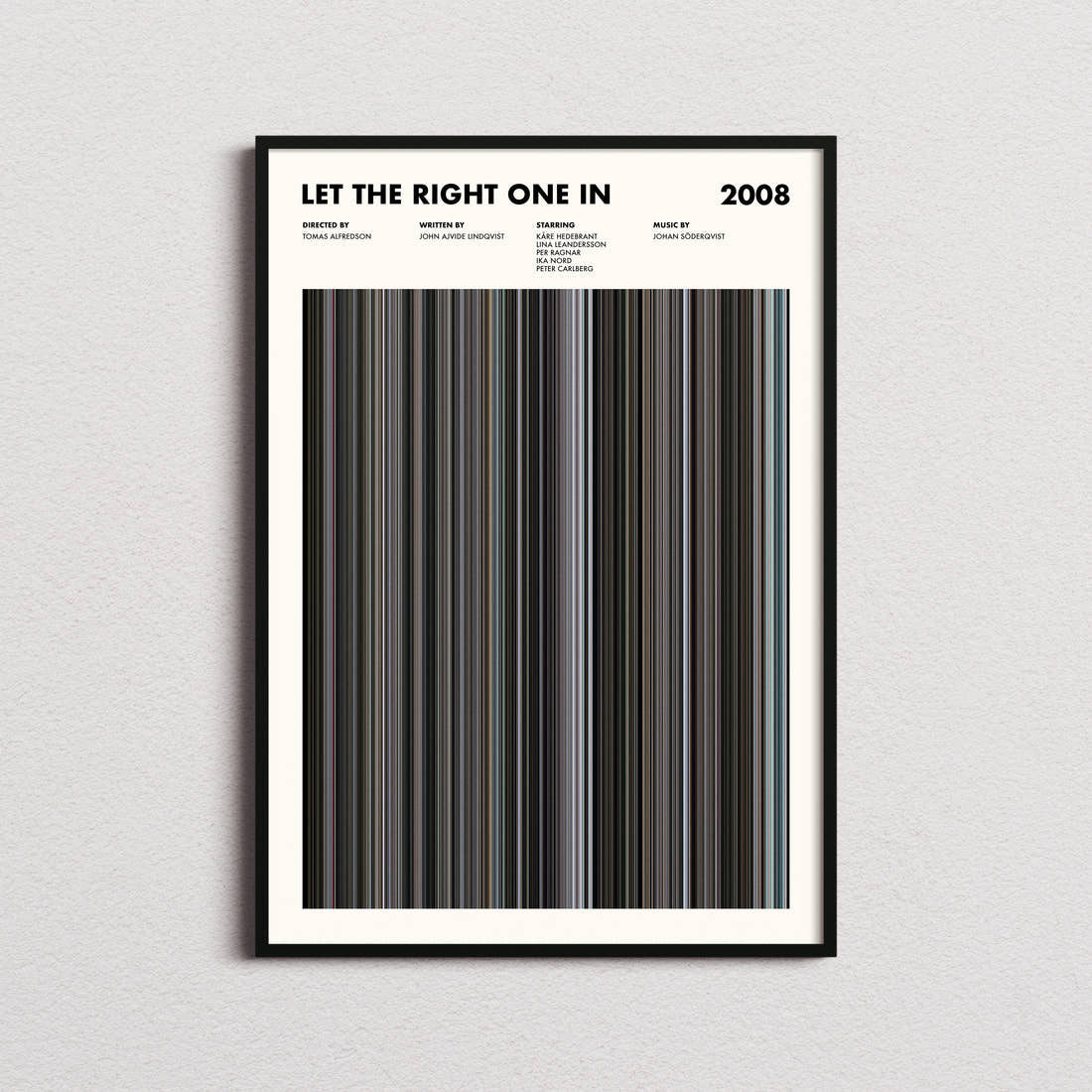 Let the Right One In Movie Barcode Poster framed on a plain studio wall