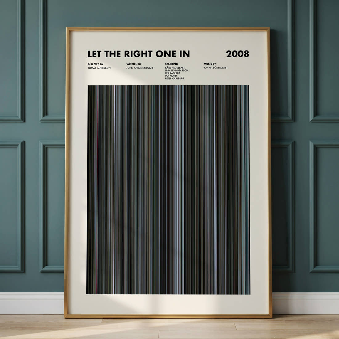 Let the Right One In Movie Barcode Poster framed and leaning against a panelled wall