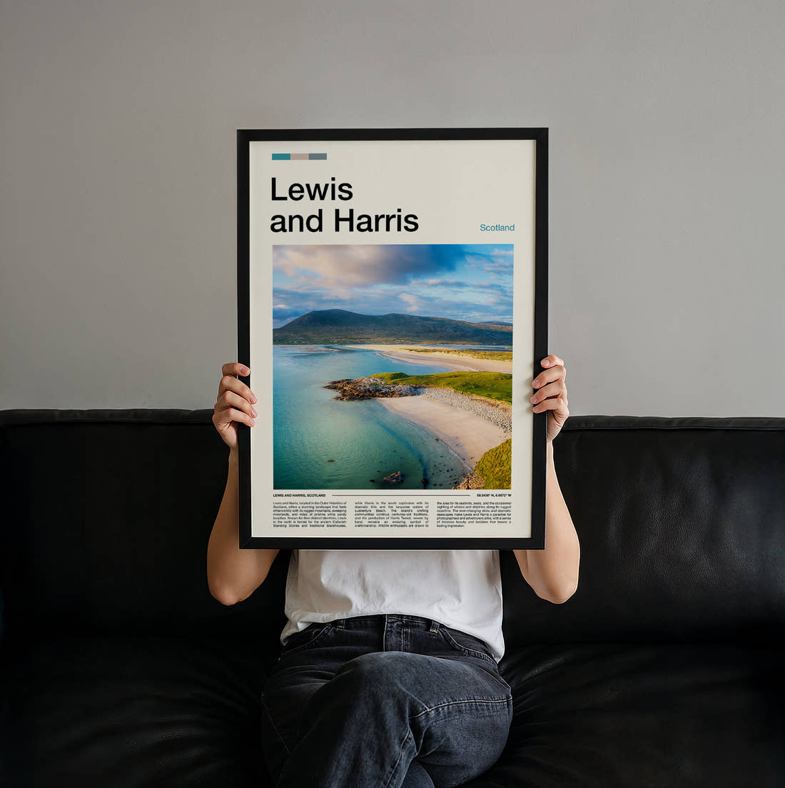Lewis And Harris Travel Print held up by hand to show the size of the print