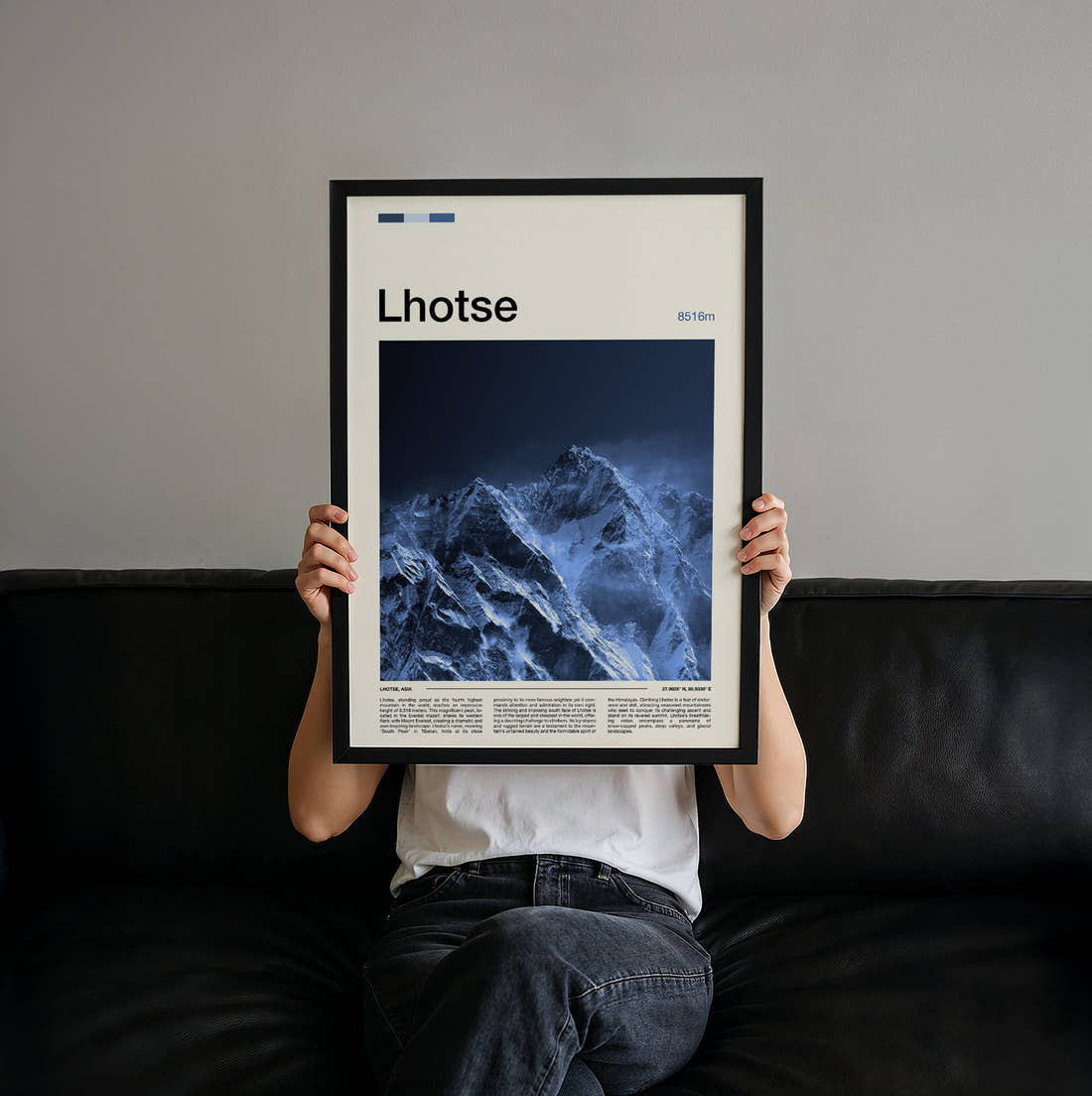 Lhotse Snowy Mountain Face Travel Print held up by hand to show the size of the print