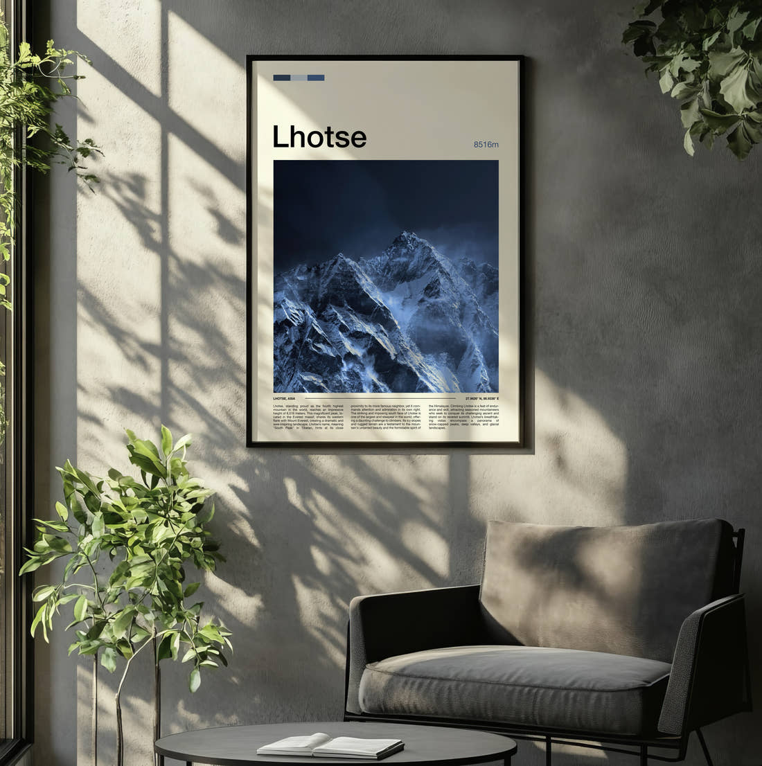 Lhotse Snowy Mountain Face Travel Print framed on the wall of a relaxed living room