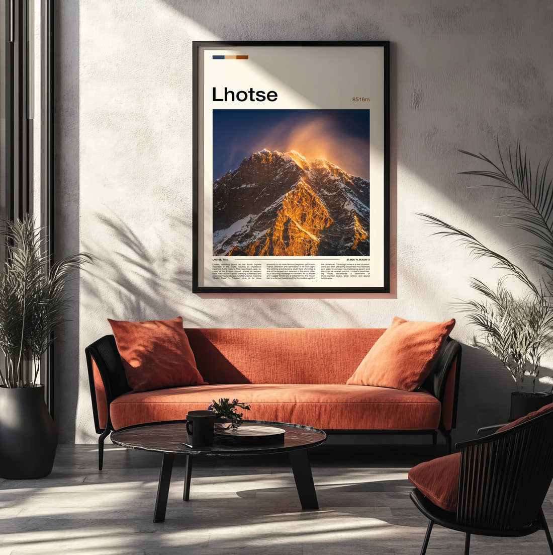 Lhotse Snow Plume At Sunrise Travel Print framed on the wall of a modern living room