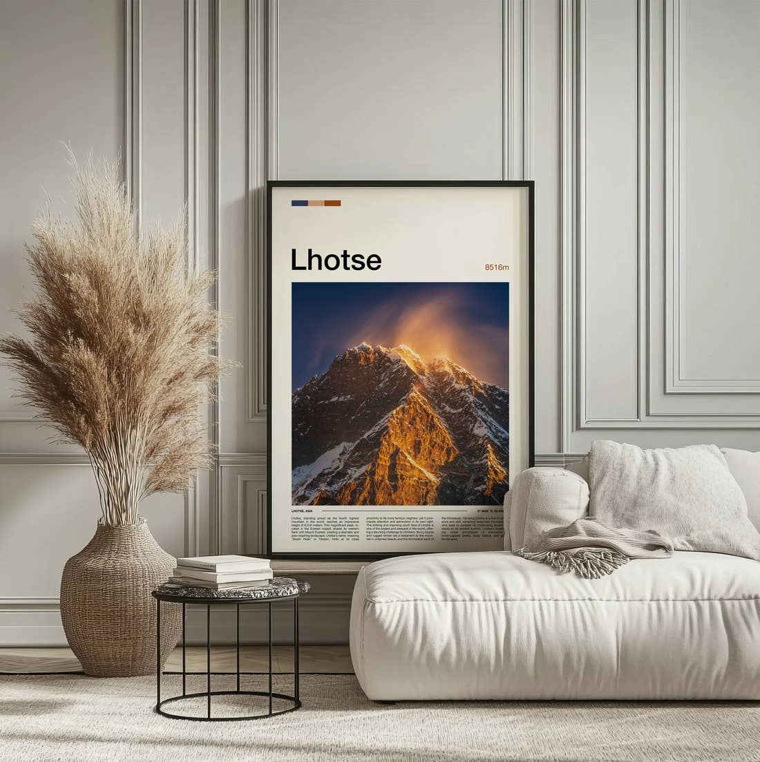 Lhotse Snow Plume At Sunrise Travel Print framed on the wall of a calm, neutral bedroom