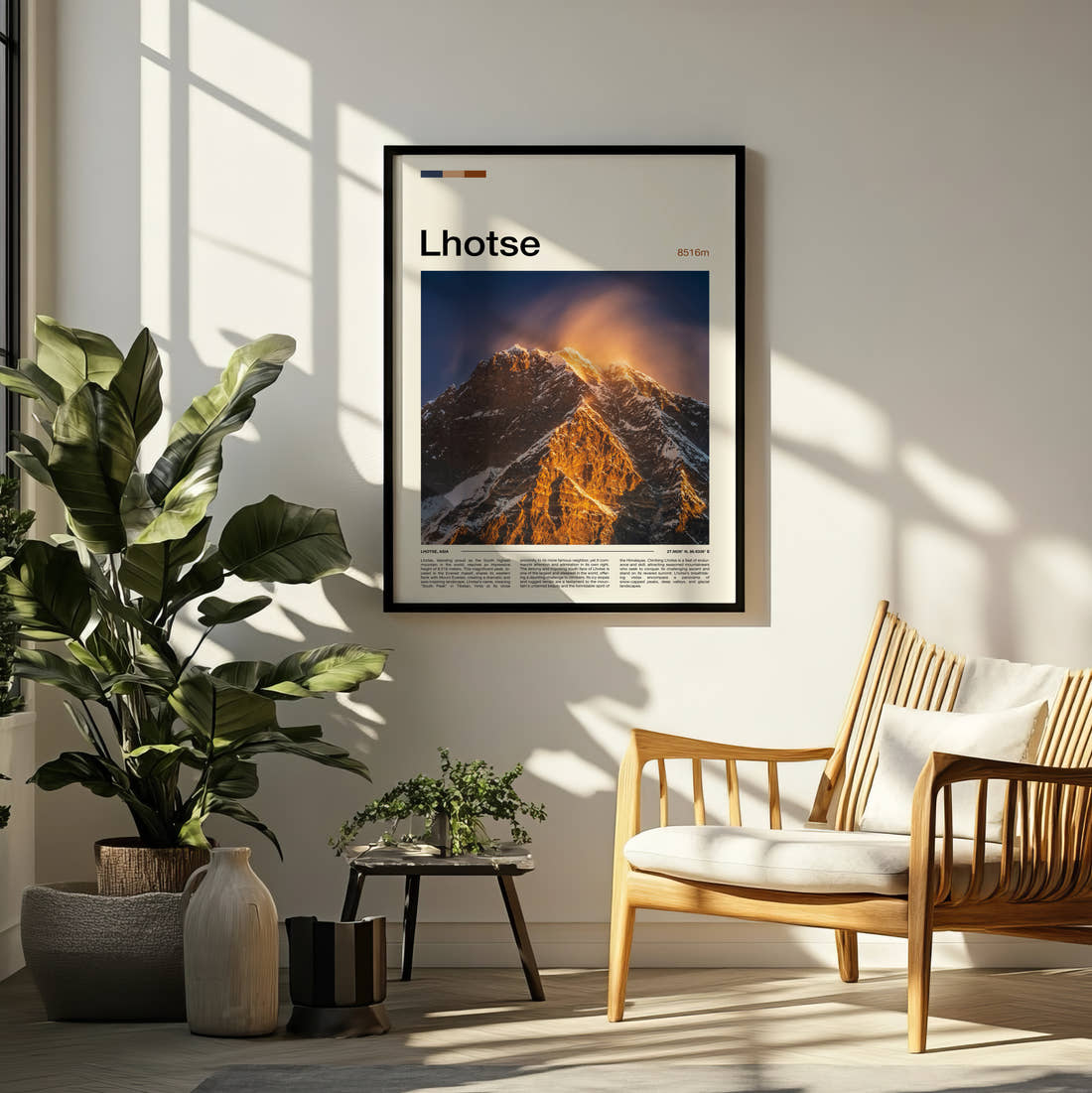 Lhotse Snow Plume At Sunrise Travel Print framed on a pale wall beside houseplants