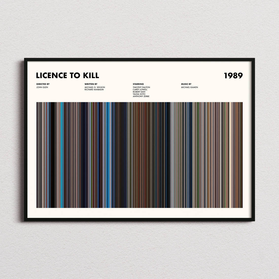 Licence to Kill Movie Barcode Poster framed and photographed straight on