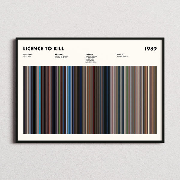 Licence to Kill Movie Barcode Poster framed and photographed straight on