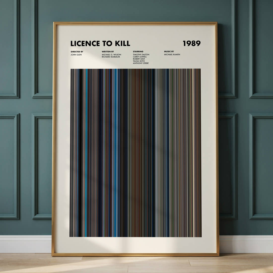 Licence to Kill Movie Barcode Poster framed and leaning against a panelled wall