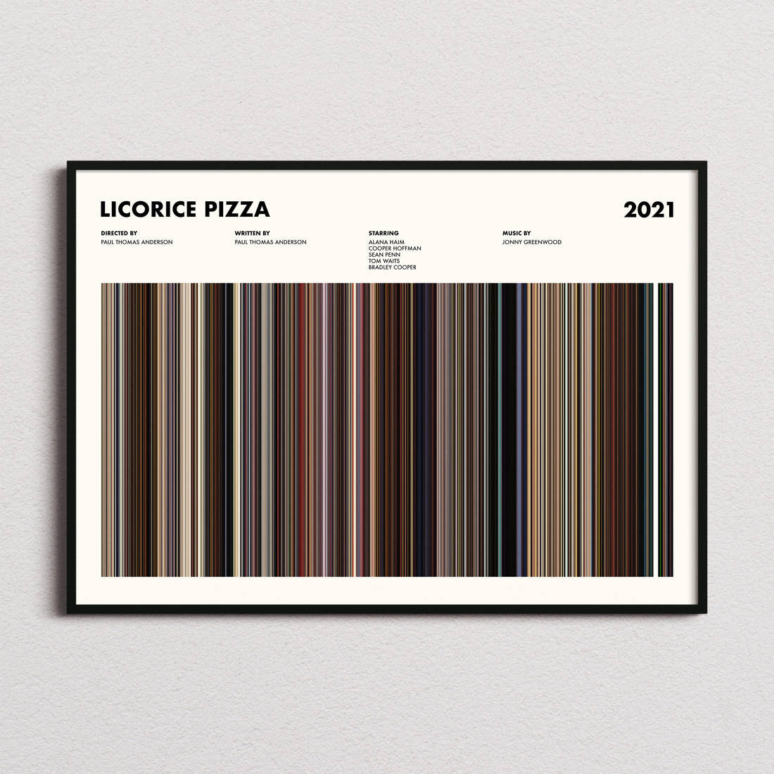 Licorice Pizza Movie Barcode Poster framed and photographed straight on