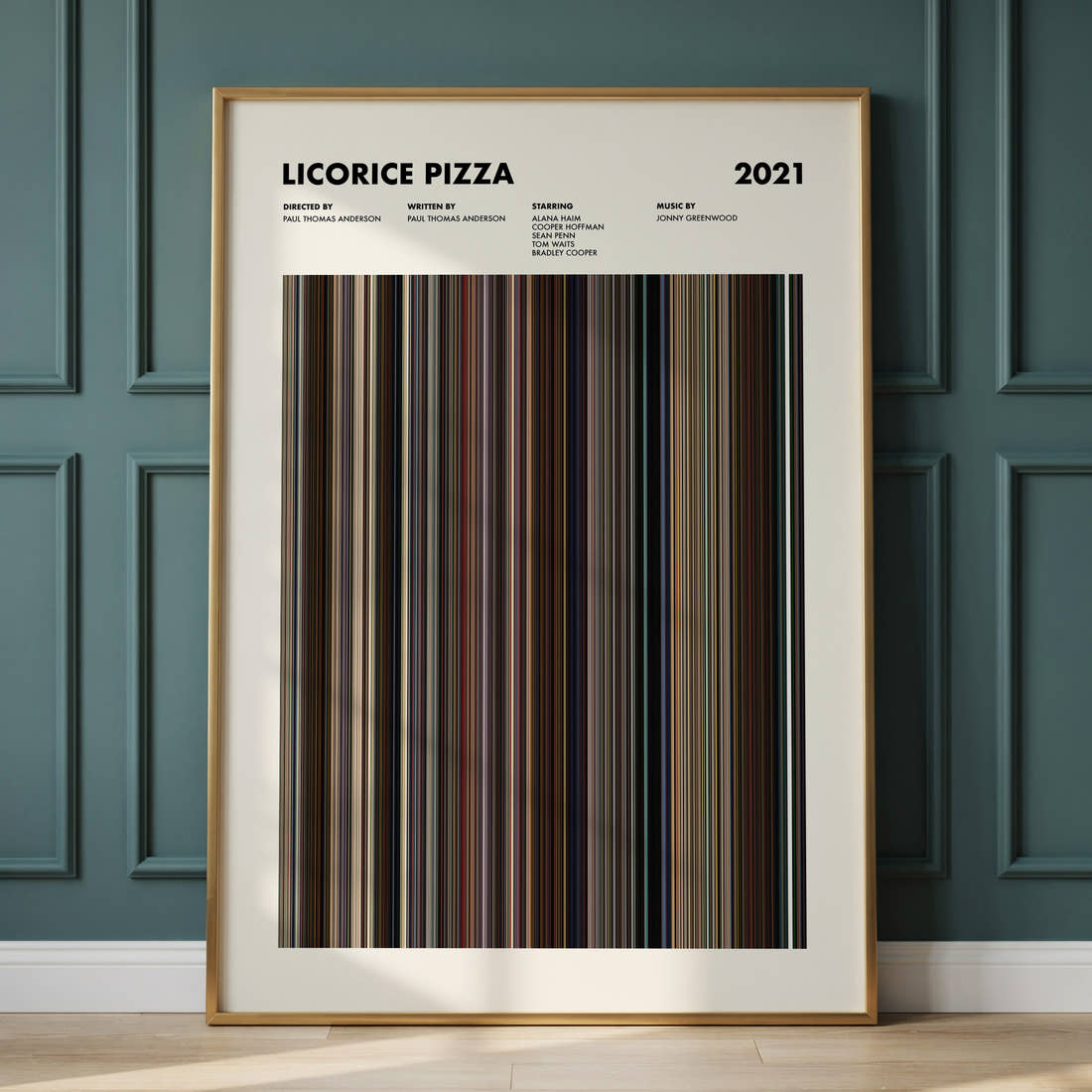 Licorice Pizza Movie Barcode Poster framed and leaning against a panelled wall