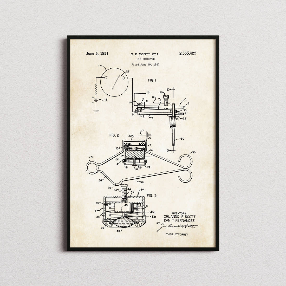 Lie Detector Patent Print in the aged paper colourway, framed