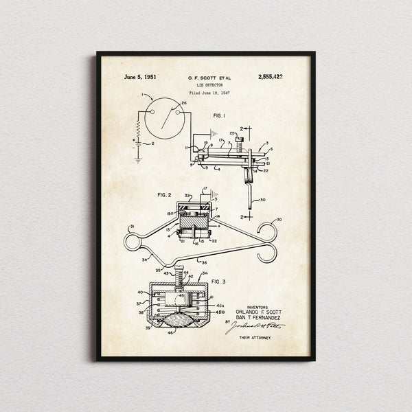 Lie Detector Patent Print in the aged paper colourway, framed