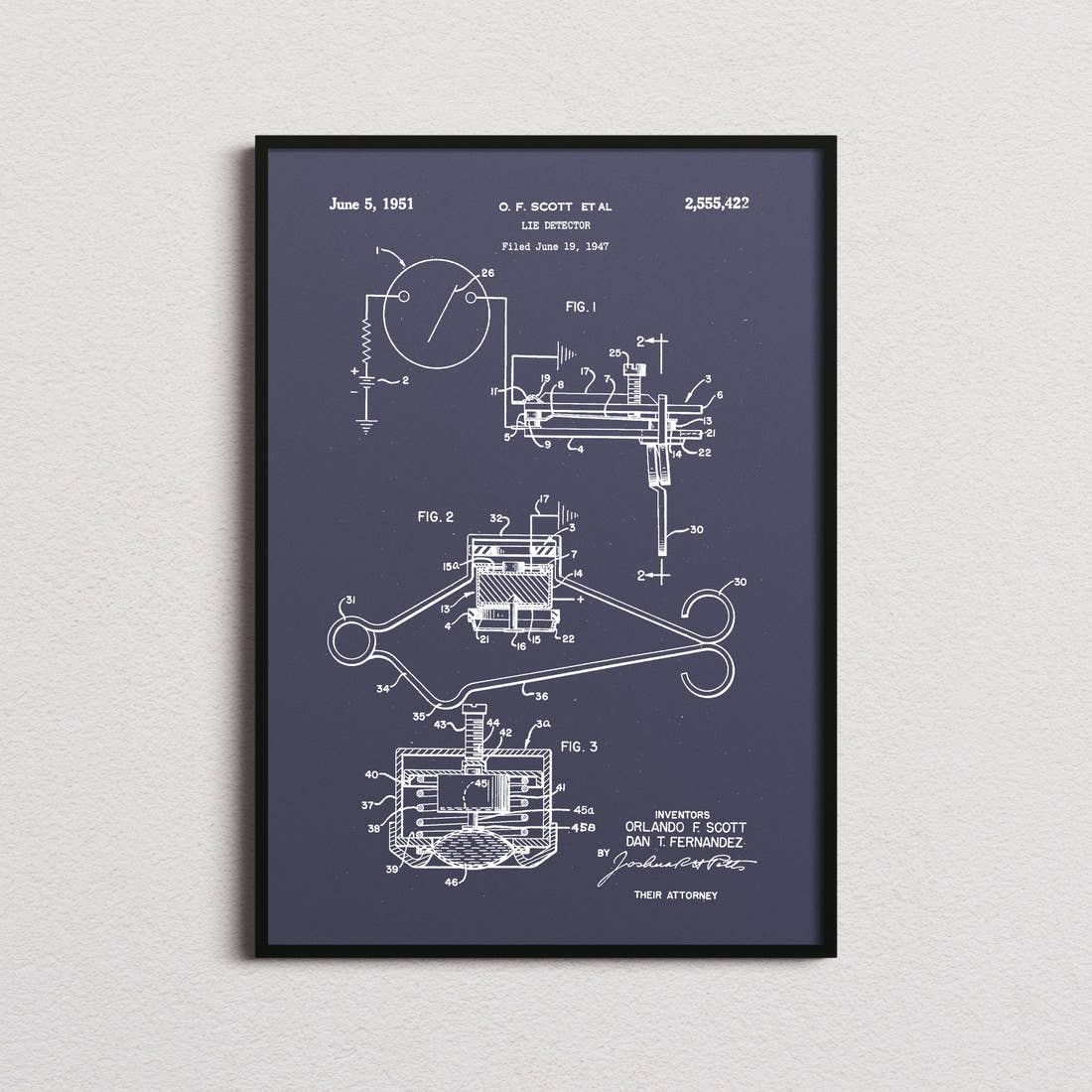 Lie Detector Patent Print in the navy colourway, framed