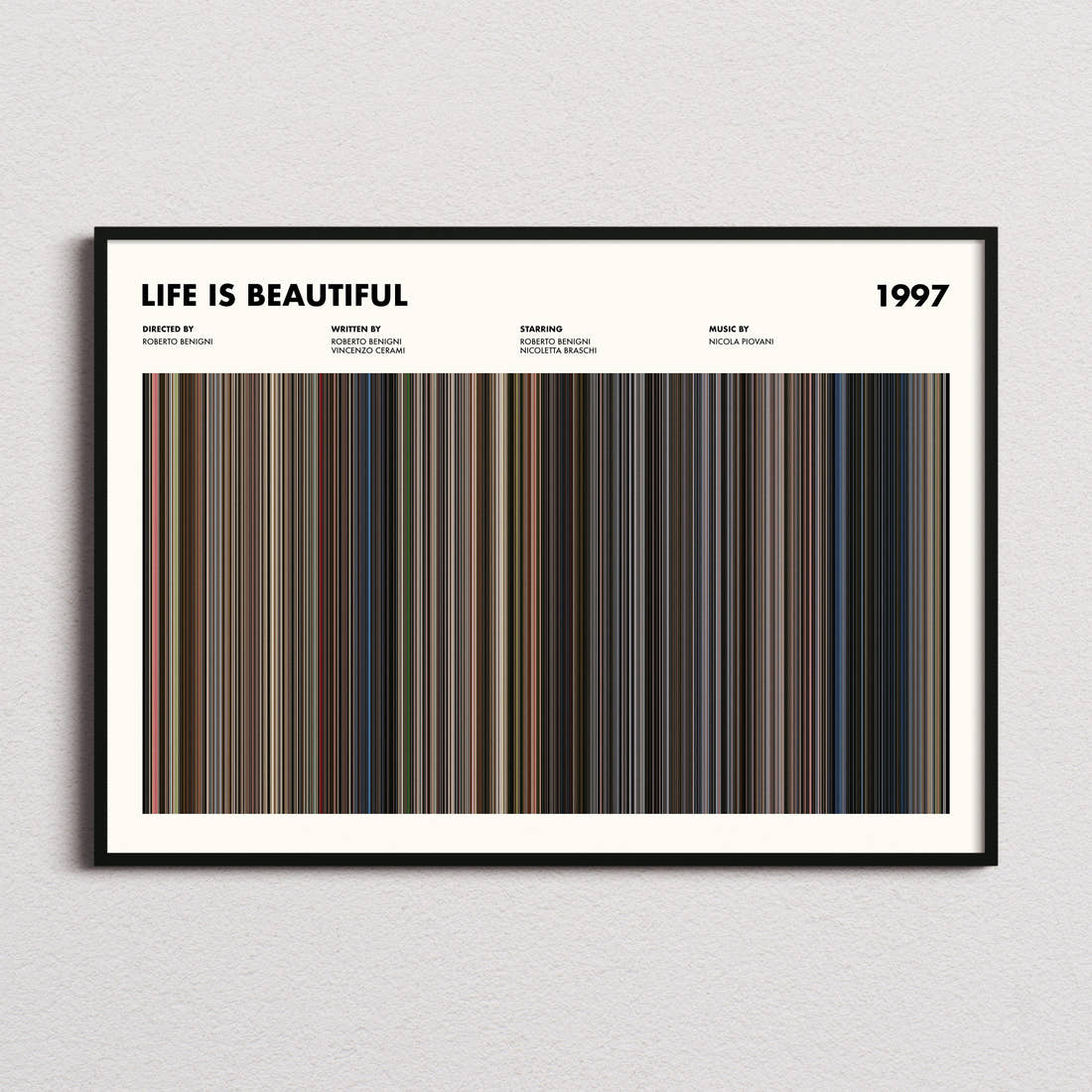 Life Is Beautiful Movie Barcode Poster framed and photographed straight on
