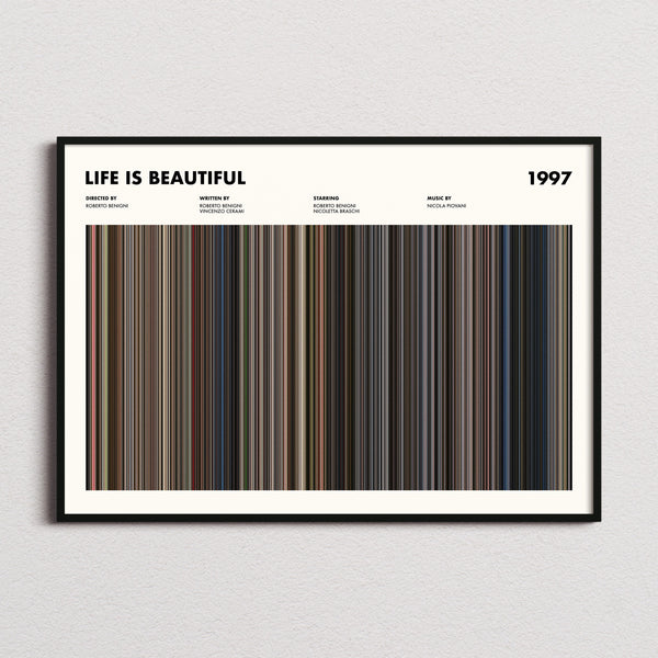 Life Is Beautiful Movie Barcode Poster framed and photographed straight on