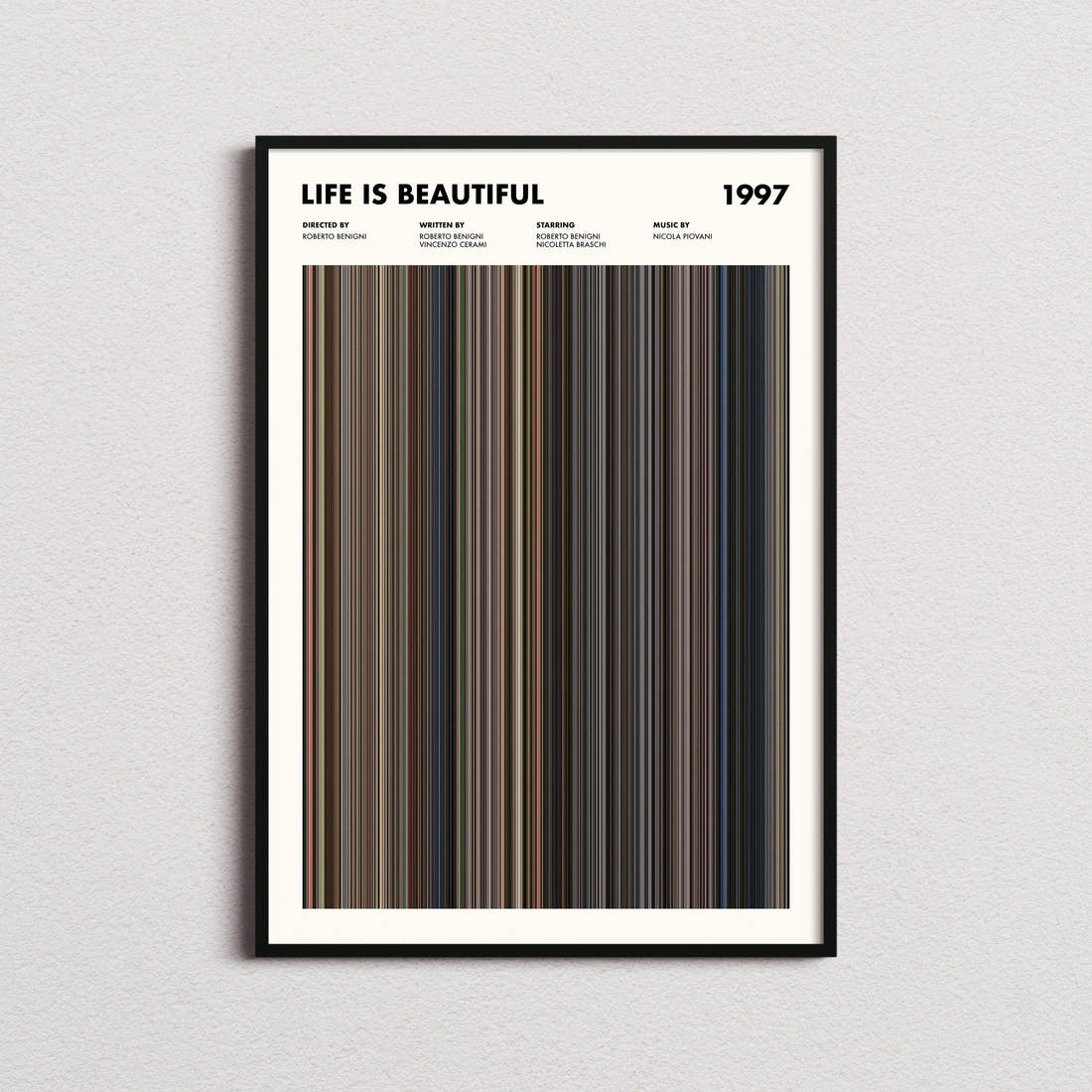 Life Is Beautiful Movie Barcode Poster framed on a plain studio wall