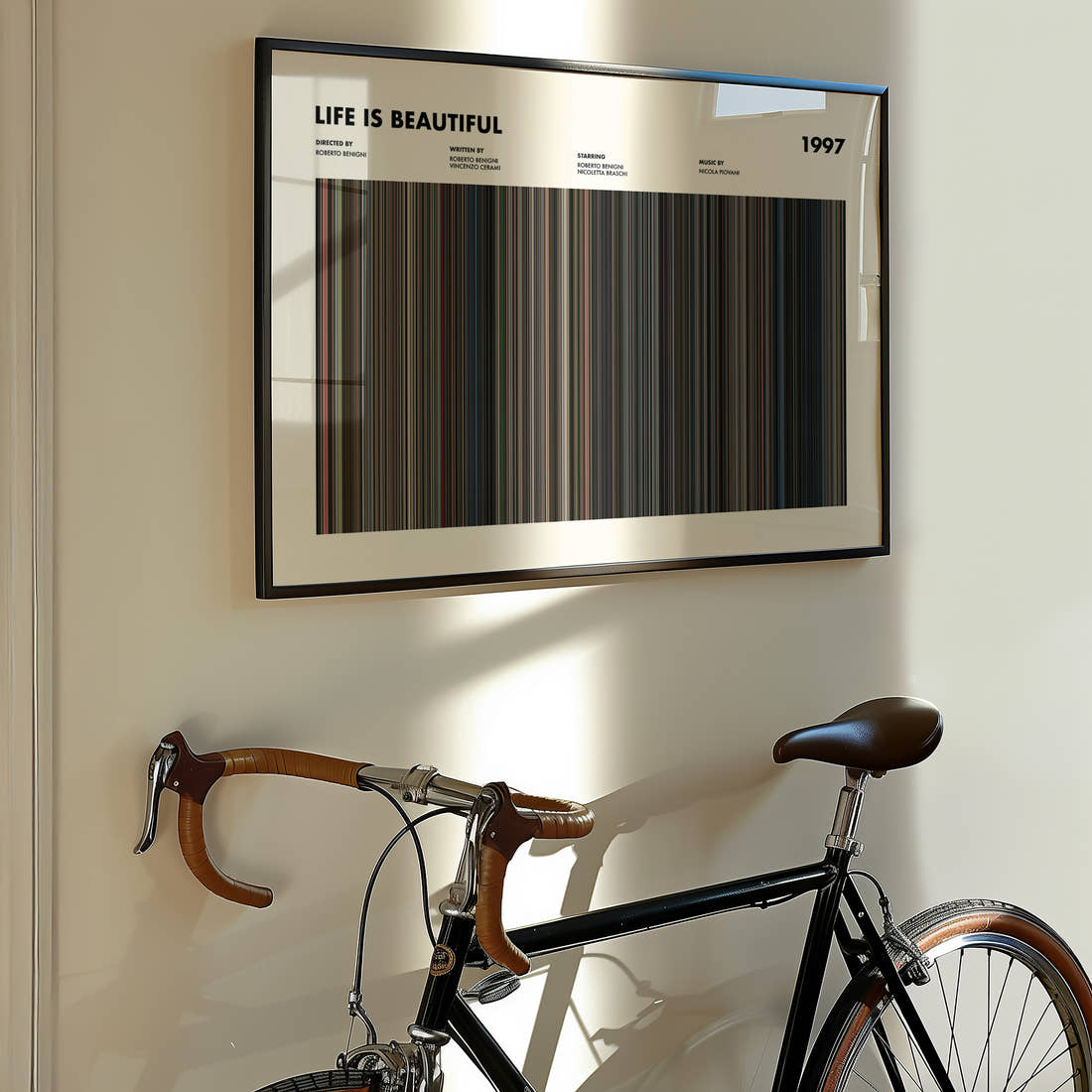 Life Is Beautiful Movie Barcode Poster framed on the wall of a styled room setting