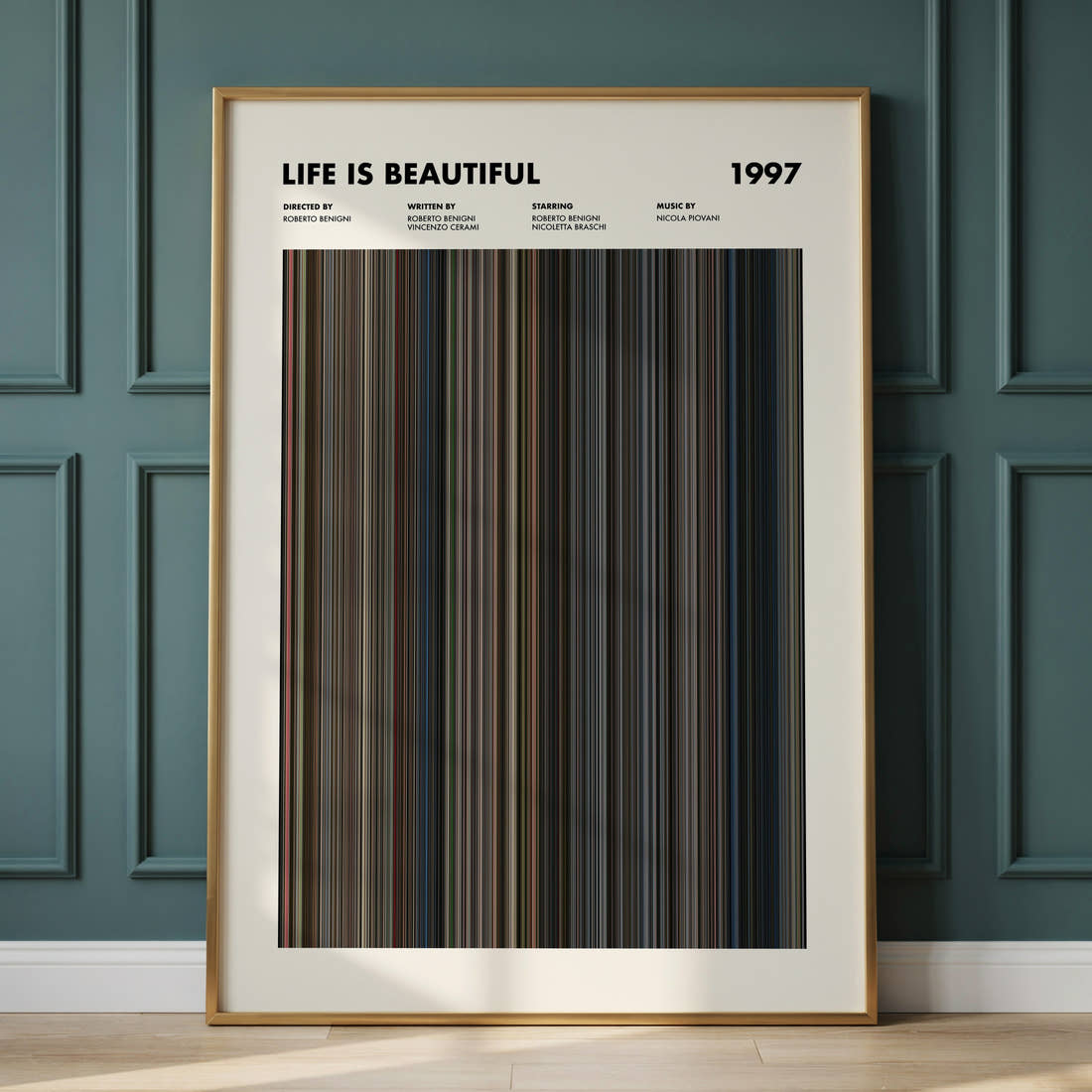Life Is Beautiful Movie Barcode Poster framed and leaning against a panelled wall
