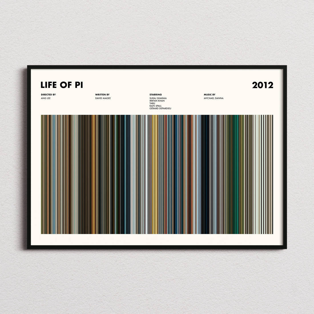 Life of Pi Movie Barcode Poster framed and photographed straight on