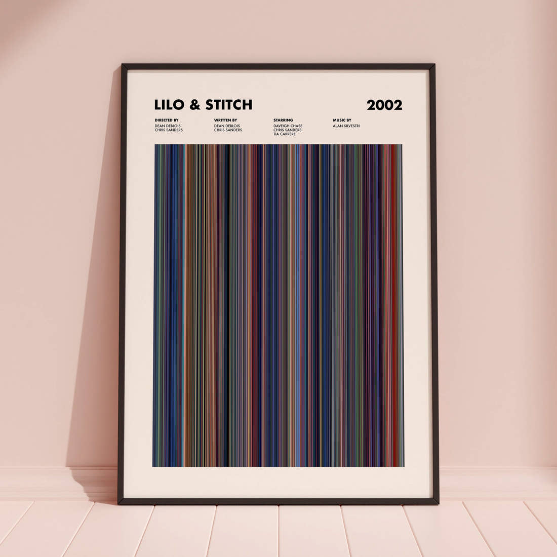 Lilo & Stitch Movie Barcode Poster framed and leaning against a coloured wall